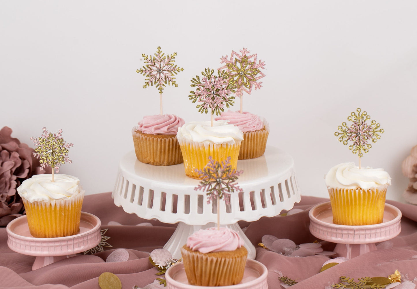 Cupcake Toppers, Snowflake Decorations, Winter Wonderland, Winter Baby Shower, Pink Snowflake Cupcake Toppers, Set of 6