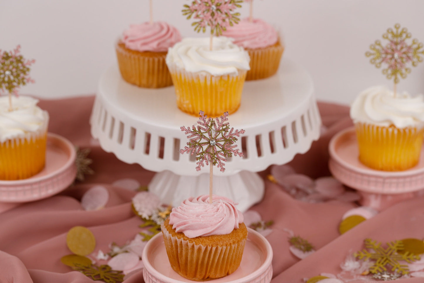 Cupcake Toppers, Snowflake Decorations, Winter Wonderland, Winter Baby Shower, Pink Snowflake Cupcake Toppers, Set of 6