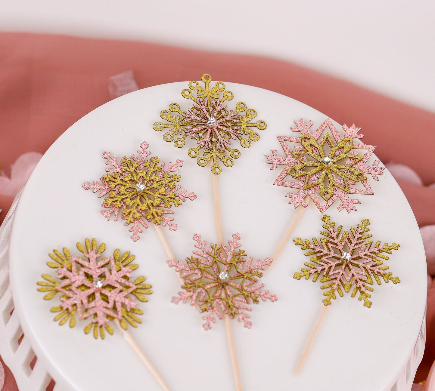 Cupcake Toppers, Snowflake Decorations, Winter Wonderland, Winter Baby Shower, Pink Snowflake Cupcake Toppers, Set of 6