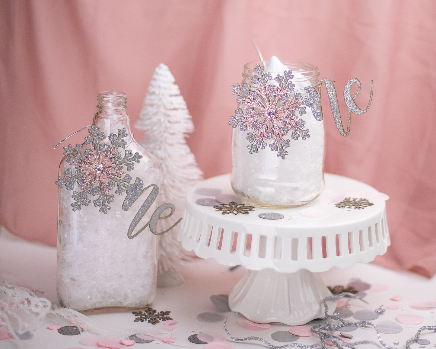 Winter Onederland, Mason Jar Tags, 1st Birthday Girl, Snowflake Centerpiece, Winter Wonderland, Set of 6 tags