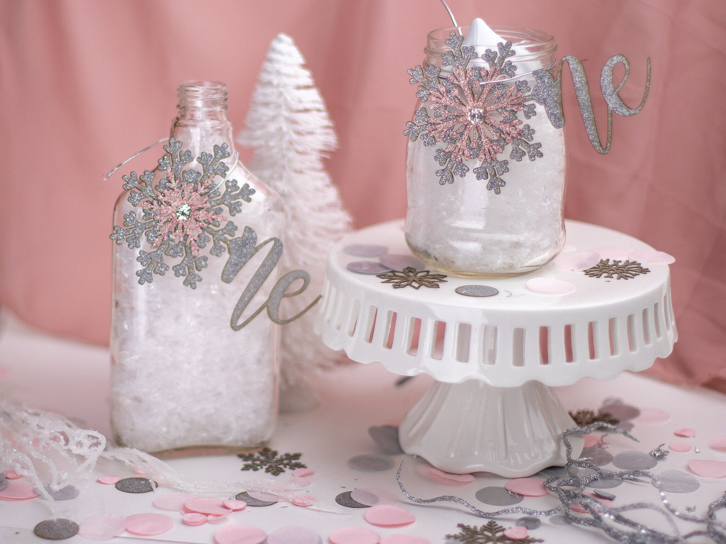 Winter Onederland, Mason Jar Tags, 1st Birthday Girl, Snowflake Centerpiece, Winter Wonderland, Set of 6 tags
