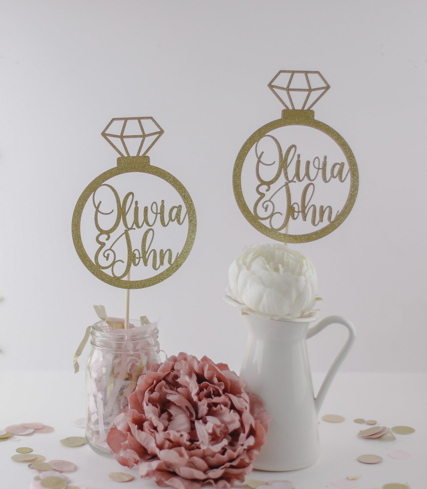 Engagement Party Decorations, Personalized, Centerpiece, Engagement Ring Decorations, Engaged ,Bridal Shower Decor, Set of 4
