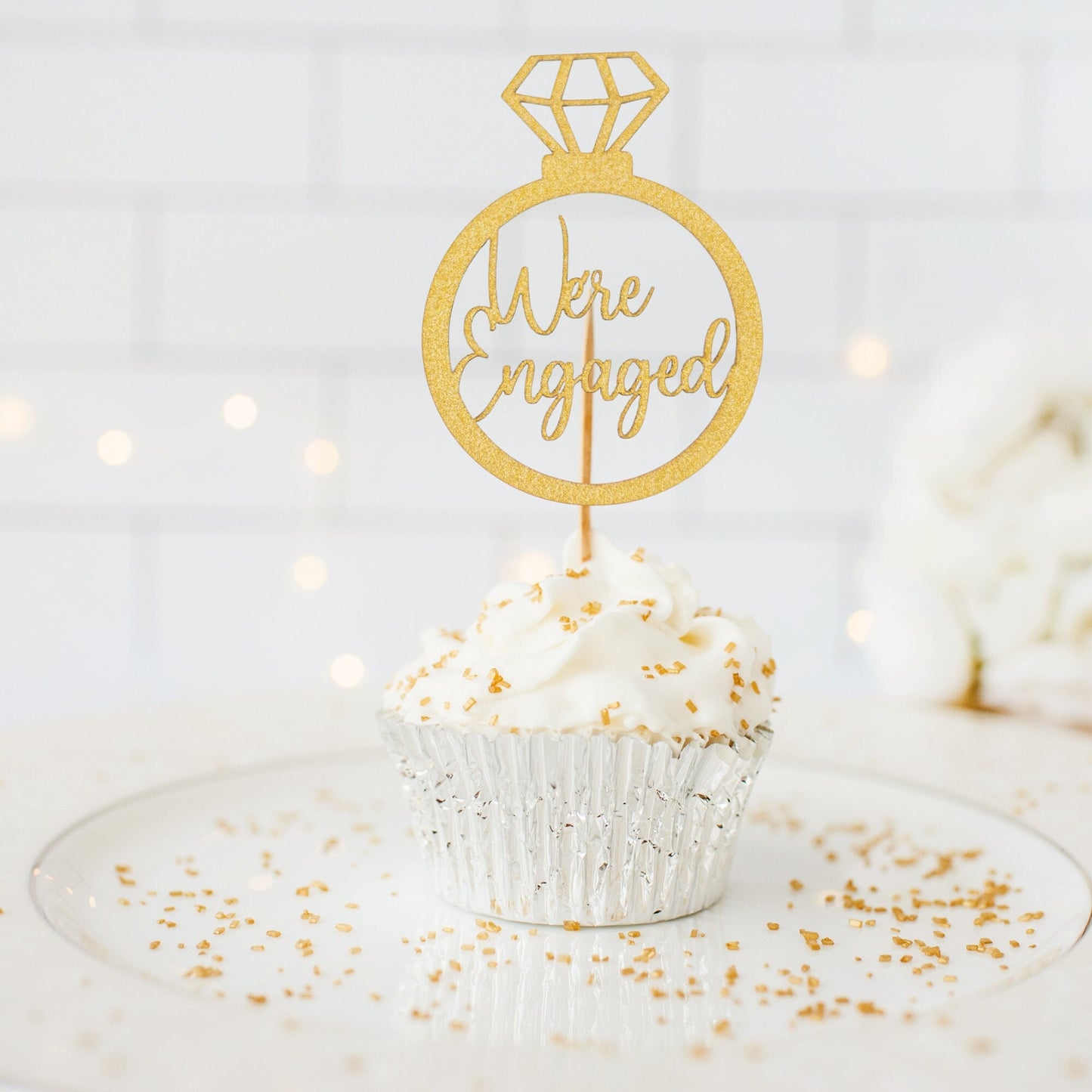 We're Engaged, Engagement Party Decorations, Cupcake Toppers, Engagement Ring Decorations, Engaged, Bridal Shower Decor, 10 piece