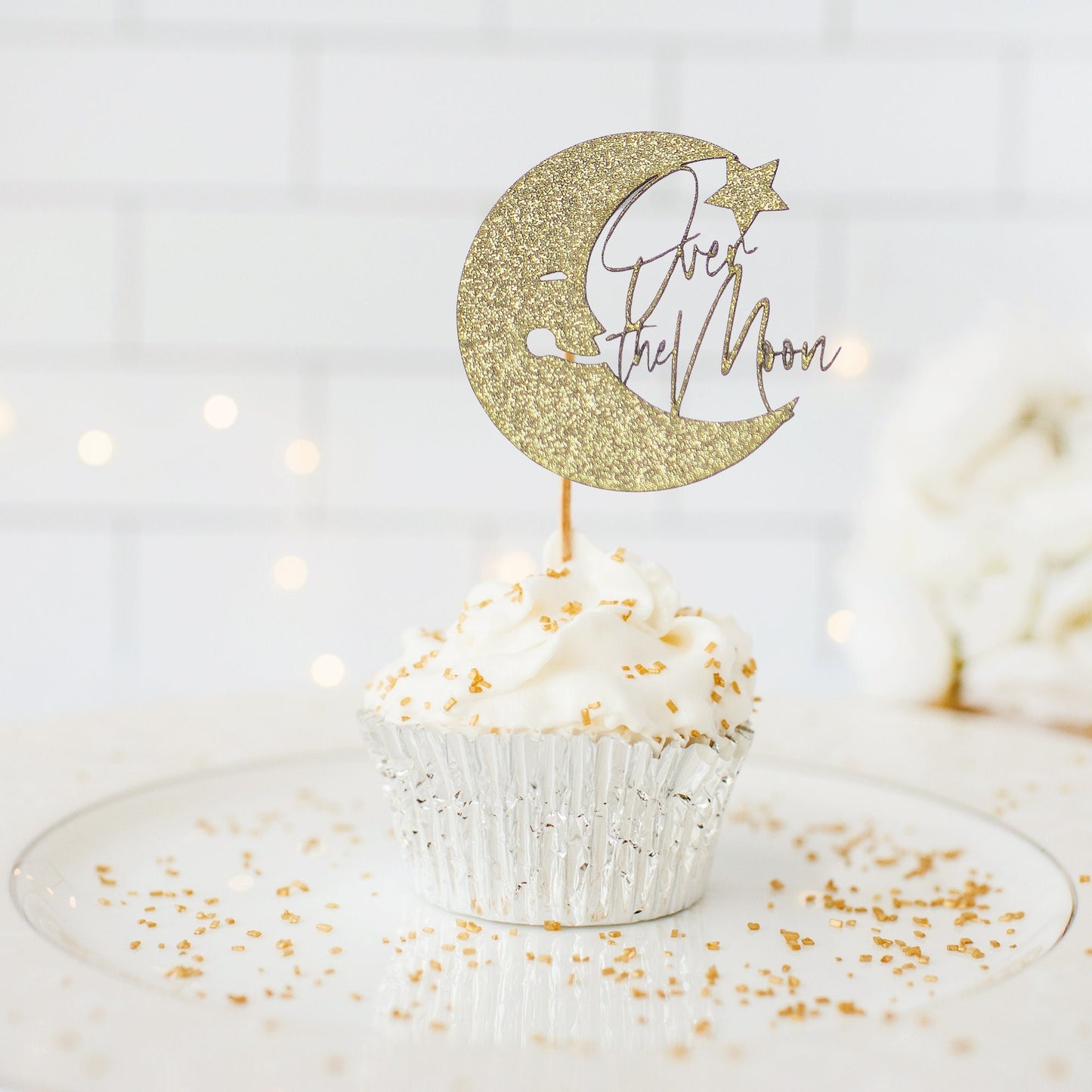 Over The Moon Baby Shower Decorations, Moon and Stars Baby Shower, Lunar Moon Baby Shower, Moon Cupcake Toppers Set of 10