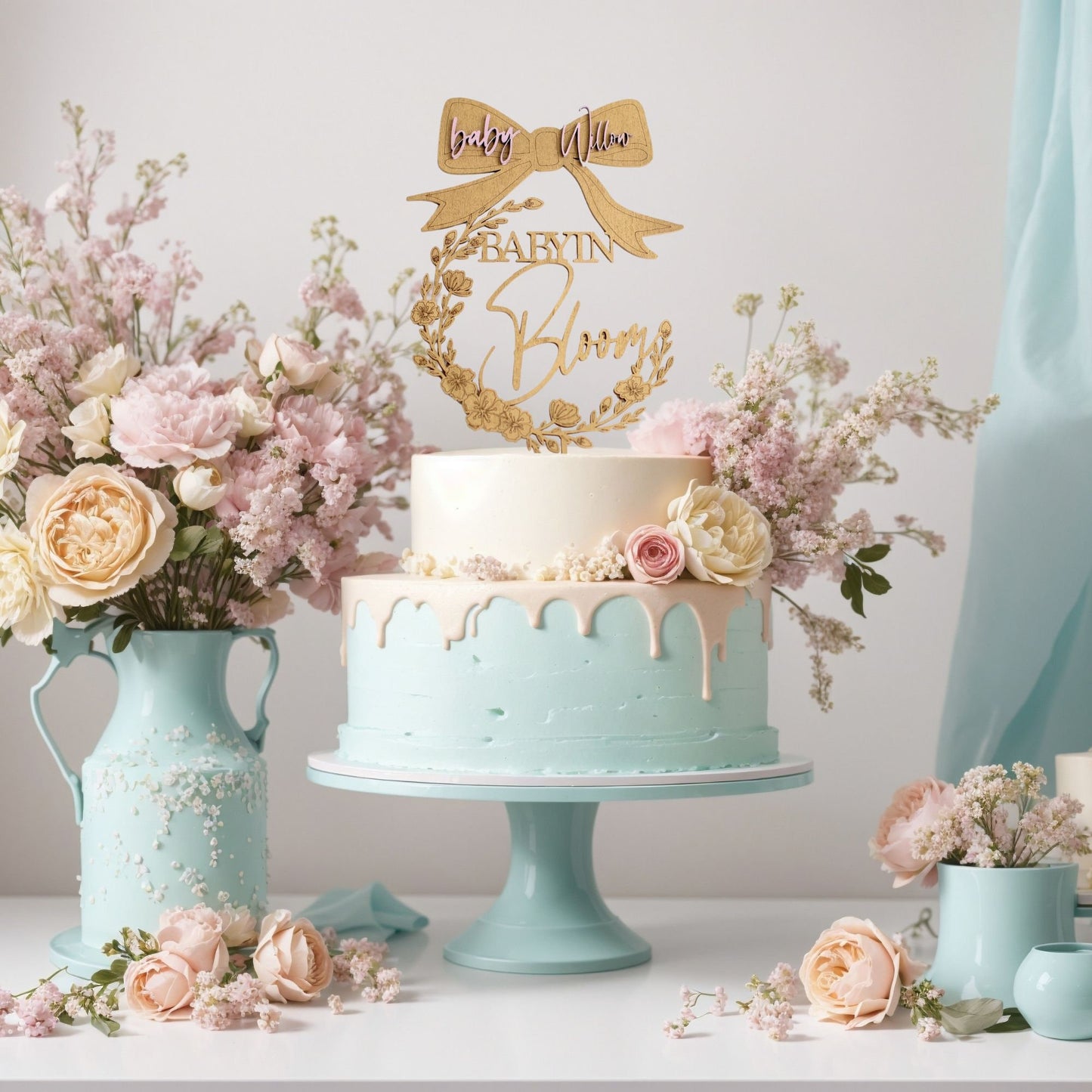 Baby In Bloom, Baby Shower Cake Topper, Custom Cake Topper, Floral Baby Shower, Baby Shower Cake Sign, Wooden Laser Cut Party Sign