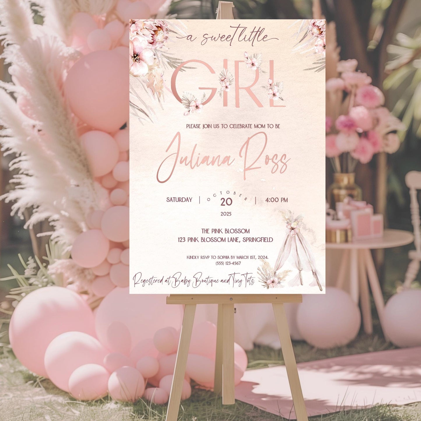 Pampas Grass Baby Shower Invitation, Boho Baby Shower Girl Decorations, Boho Editable Baby Shower Invitation, Boho Welcome Sign Baby Shower