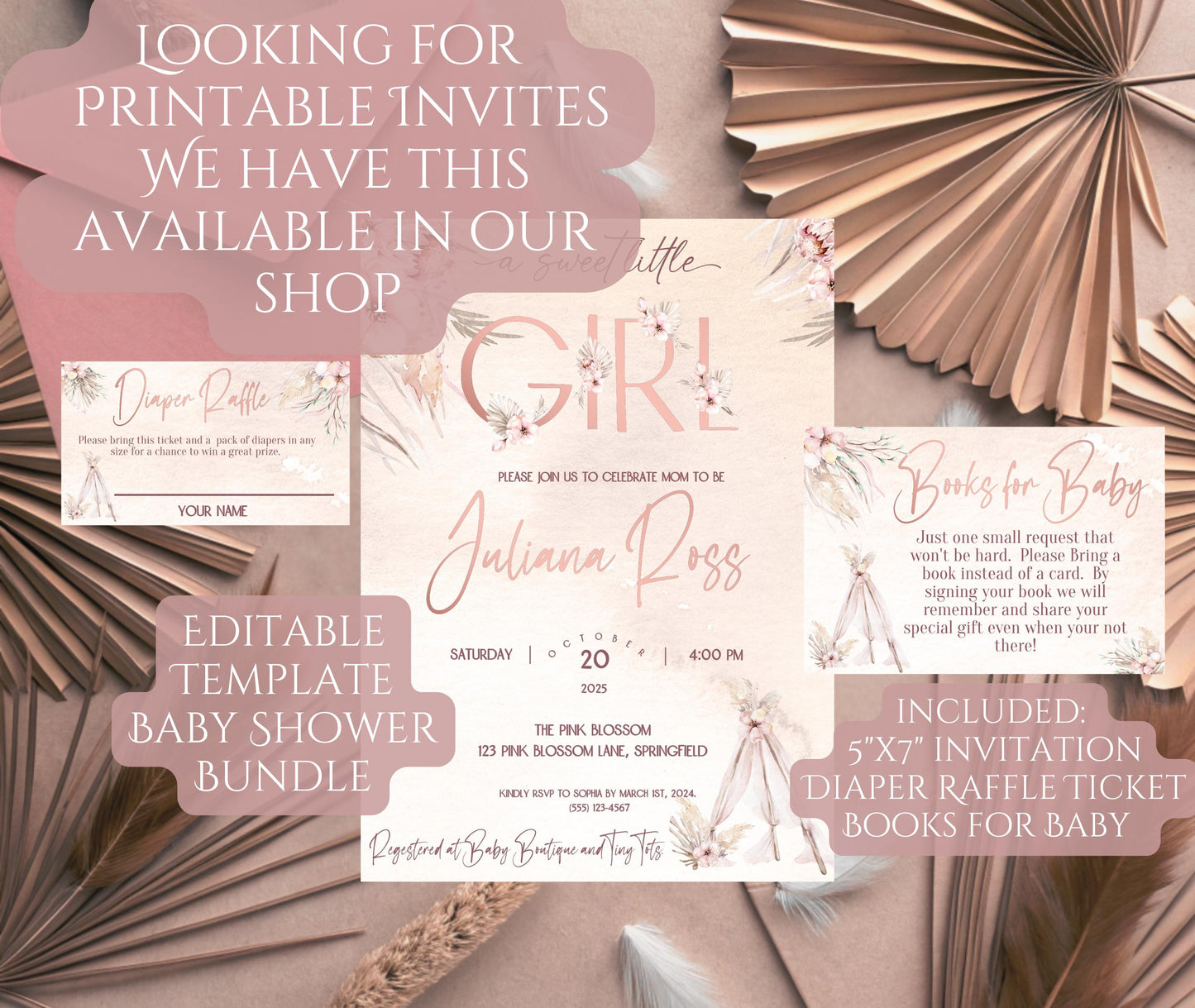 Text Message Invitation, Boho Editable Baby Shower Invitation, Digitable Invitation, Pampas Grass Baby Shower Invitation, Baby Shower Evite,