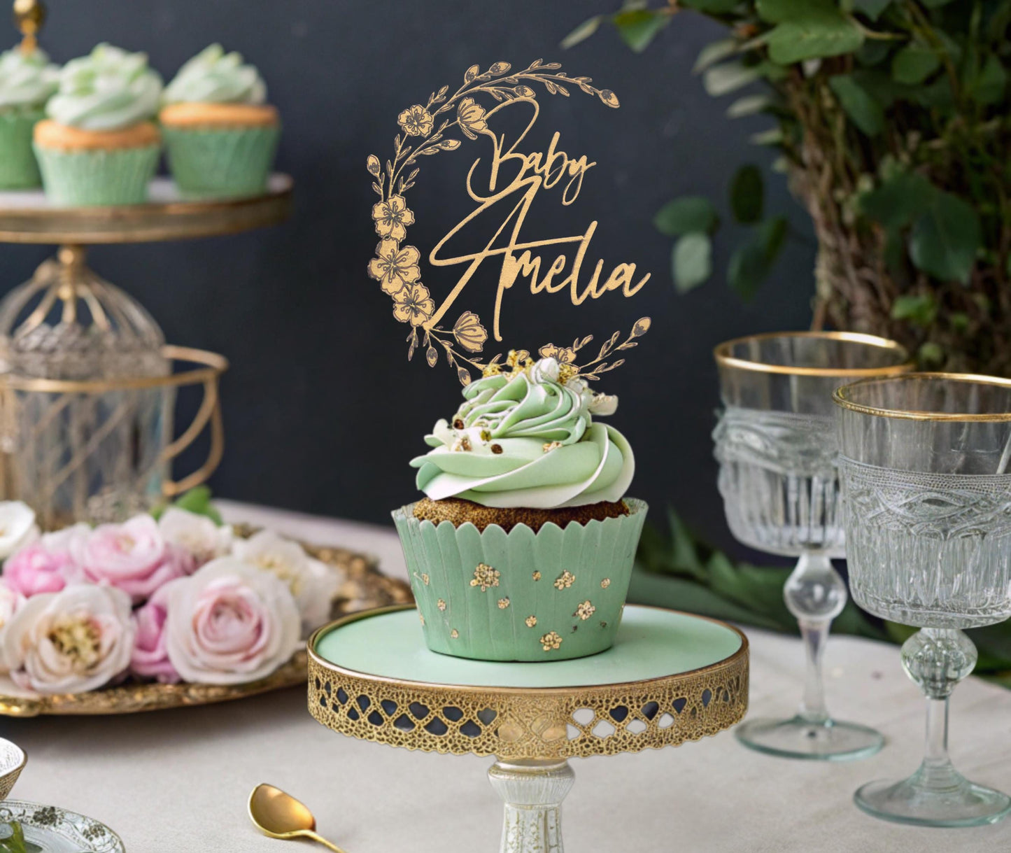 Custom Cupcake Toppers, Cupcake Baby Shower Toppers, Personalized Cupcake Toppers, Customized Baby Shower Decorations, Floral Baby shower