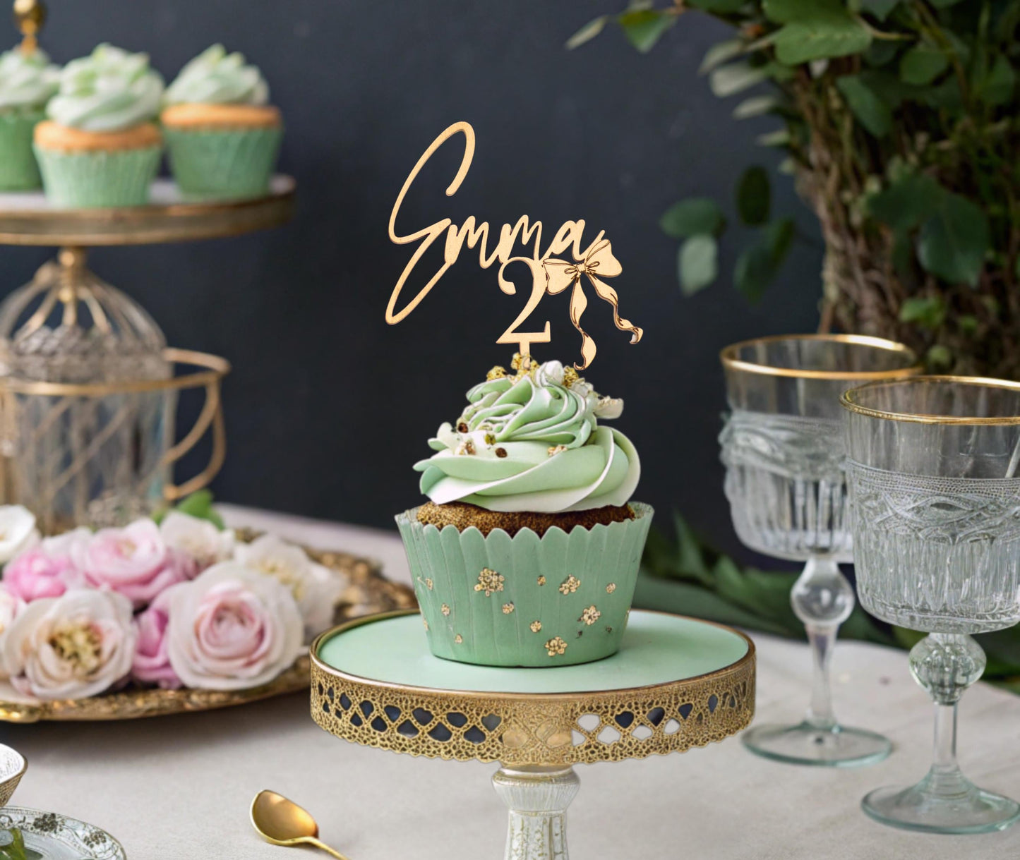 Custom Birthday Cupcake Toppers, Custom Age Cake Topper, Custom Name Cupcake Topper, Bow Coquette Birthday