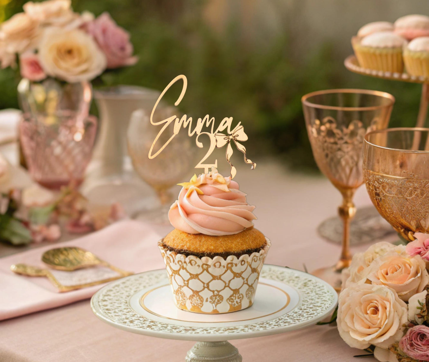 Custom Birthday Cupcake Toppers, Custom Age Cake Topper, Custom Name Cupcake Topper, Bow Coquette Birthday