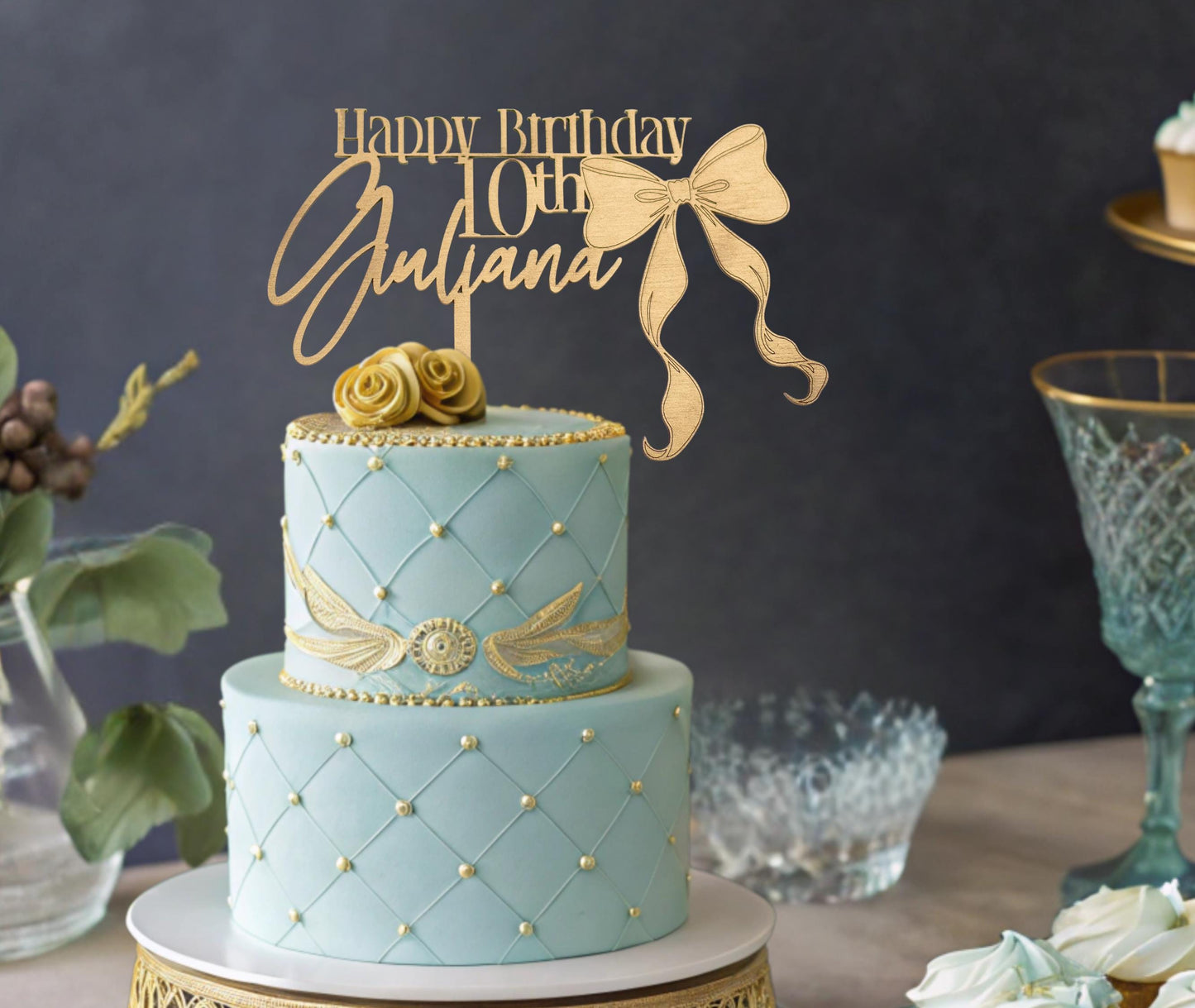 Happy Birthday Cake Topper, Birthday Custom Cake Topper Birthday Name, Bow Coquette Birthday, Customized Birthday Decoration