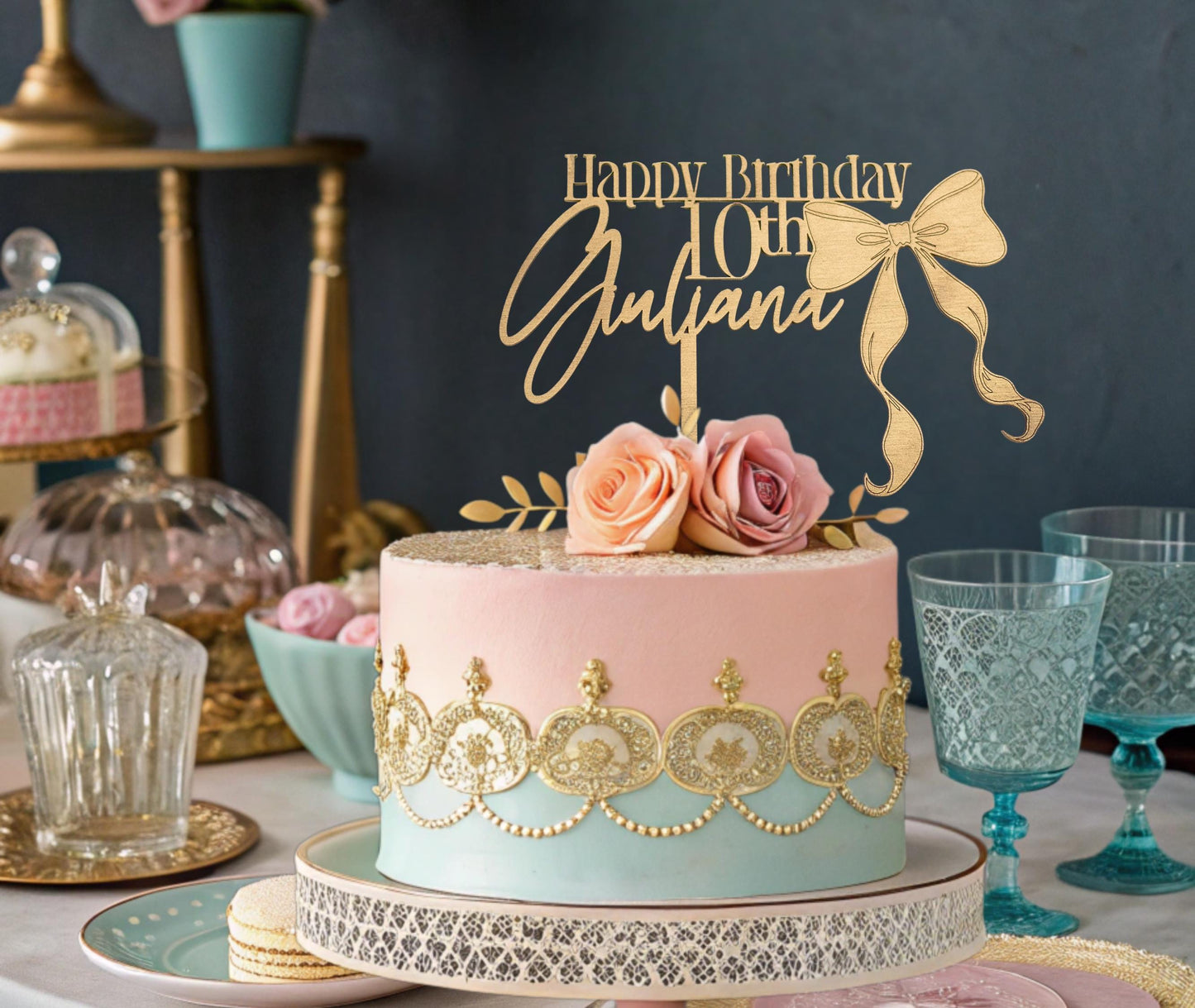Happy Birthday Cake Topper, Birthday Custom Cake Topper Birthday Name, Bow Coquette Birthday, Customized Birthday Decoration