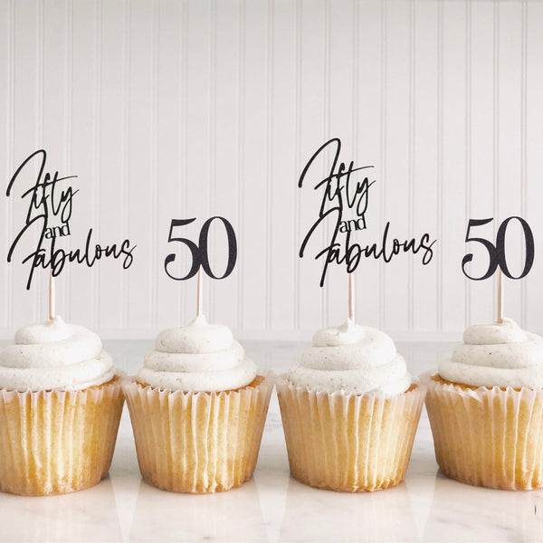 50th Birthday, Fifty And Fabulous, Cupcake Toppers, Cupcake Pick, Birthday Party Decorations, Birthday Decorations for Women, Set of 10